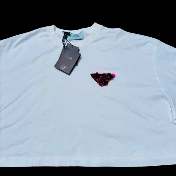 PRADA***Cropped White T-Shirt W/Sequined Logo***XL $1380 NWT - Picture 6 of 11